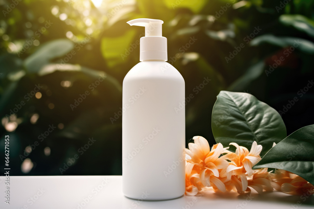 A bottle of lotion sitting on top of a table. Digital art. Body product mockup. A bottle of lotion sitting on top of a table. Digital art. Body product mockup.