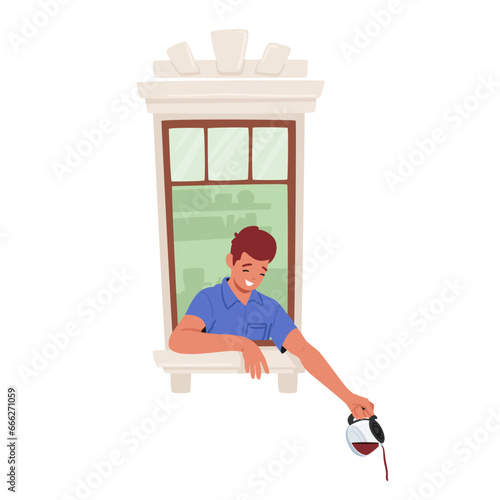 Smiling Male Character Pouring Fresh Brewed Coffee From Pot Out Of The Window. Concept Of Friendly Neighborhood