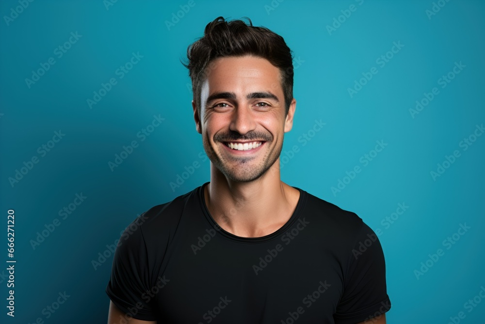 Fototapeta premium Handsome happy young man smiling portrait. Isolated on a colored background. Generative AI.