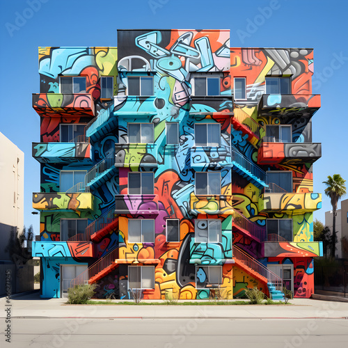 Urban apartment building covered in graffiti art 