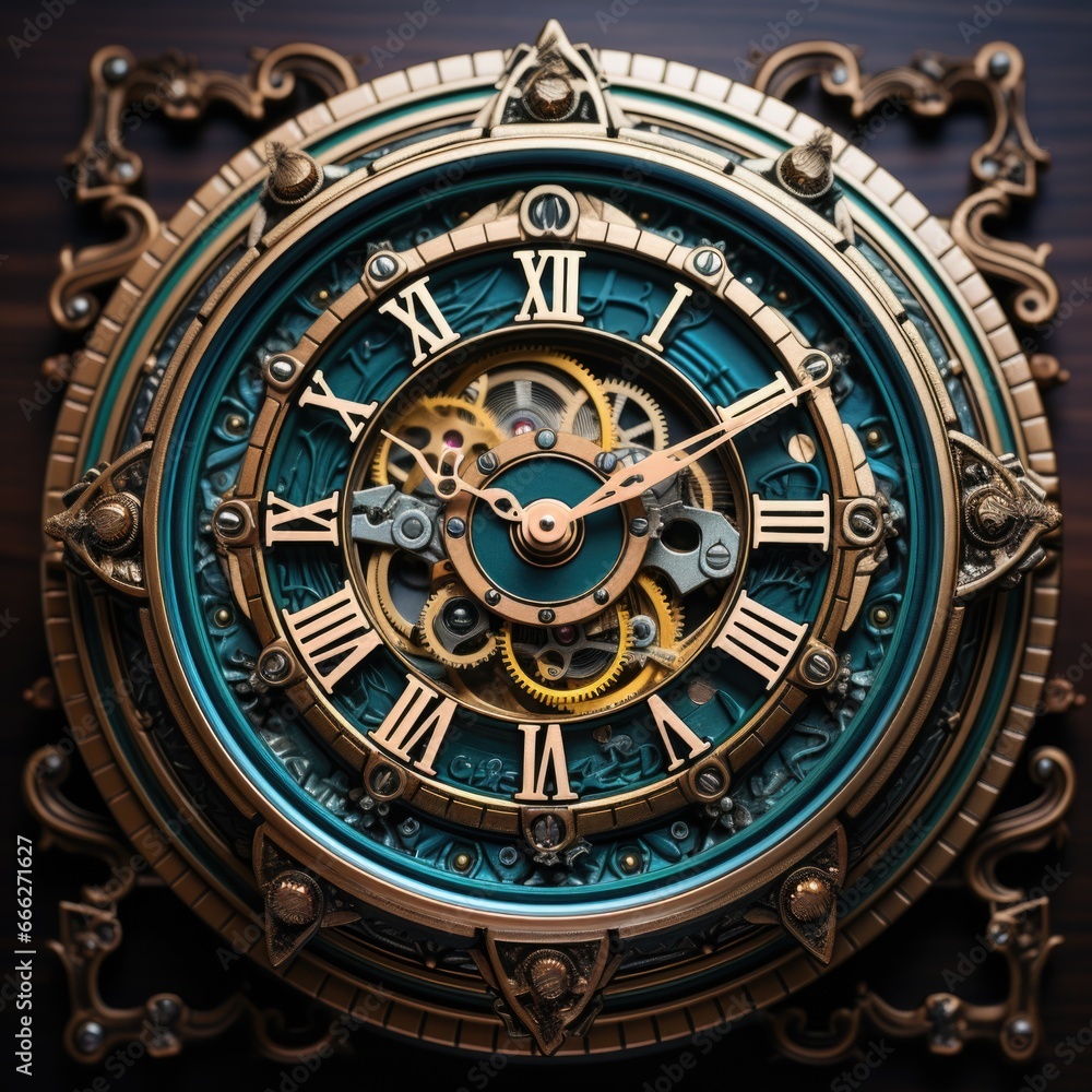 A close up of a clock with roman numerals. AI image.