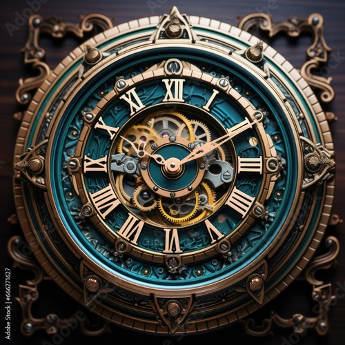 A close up of a clock with roman numerals. AI image.