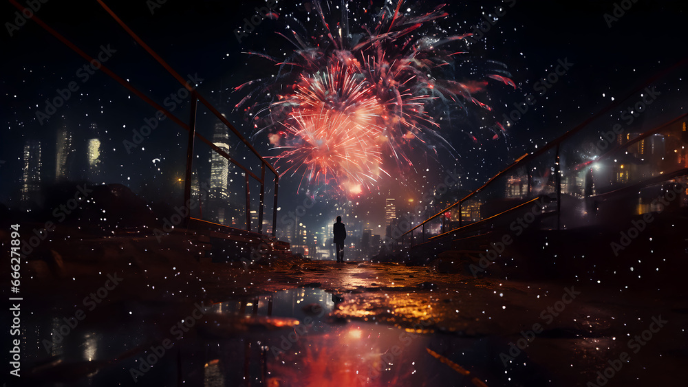 Fototapeta premium a person standing in front of fireworks in an empty street
