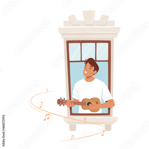 Man Passionately Strums His Guitar In Window, Bathed In Warm Light. His Music Resonates With Emotion Vector Illustration