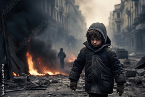 Heartbreaking Image of a Crying Child in a War-Torn City After Bombing photo