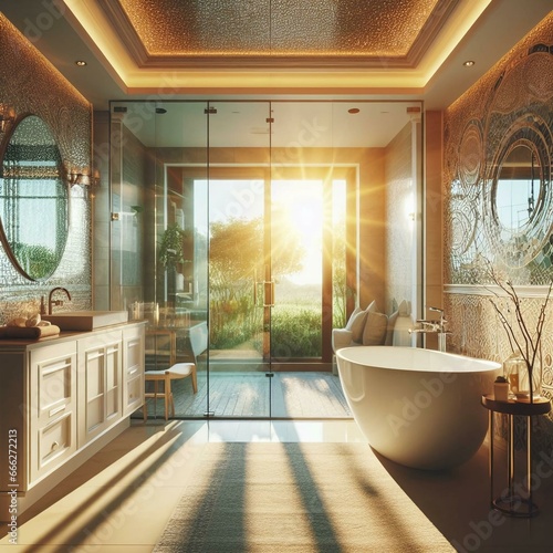 Sunlit bathroom with a freestanding bathtub  glass shower enclosure  and mosaic tile accents. Luxury spa-inspired bathroom design