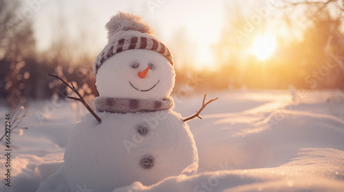Snowman with cap and scarf in deep snow