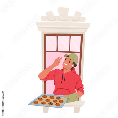 Man Character Stands Proudly By A Window, Holding Tray Filled With Delicious, Freshly Baked Cookies, Vector Illustration