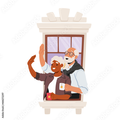 Senior Couple Characters, Bathed In Soft Sunlight, Enjoys A Peaceful Moment By An Open Window, Sipping Tea