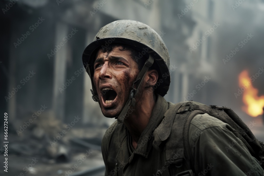 Heartbreaking Image of a Soldier Crying in a War-Torn City Street Heartbreaking Image of a Soldier Crying in a War-Torn City Street