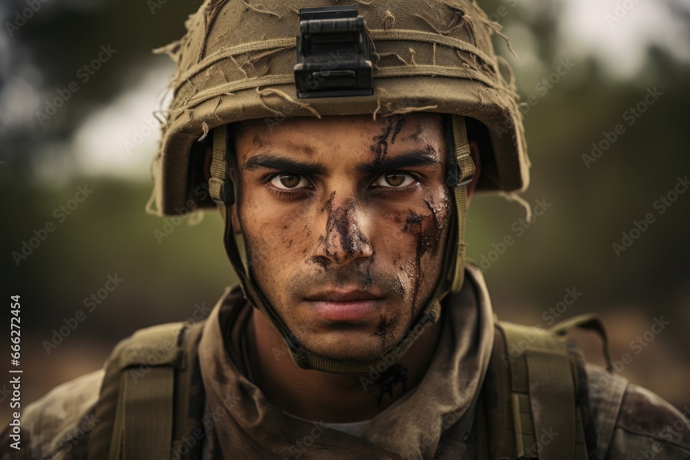 Portrait of a Weary Soldier Covered in Mud, Exhausted from Battle Portrait of a Weary Soldier Covered in Mud, Exhausted from Battle