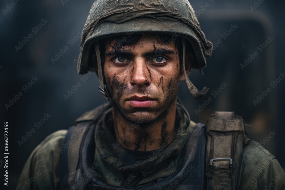 Portrait of a Weary Soldier Covered in Mud, Exhausted from Battle Portrait of a Weary Soldier Covered in Mud, Exhausted from Battle