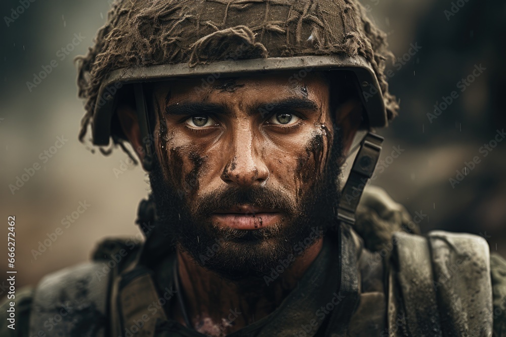 Portrait of a Weary Soldier Covered in Mud, Exhausted from Battle