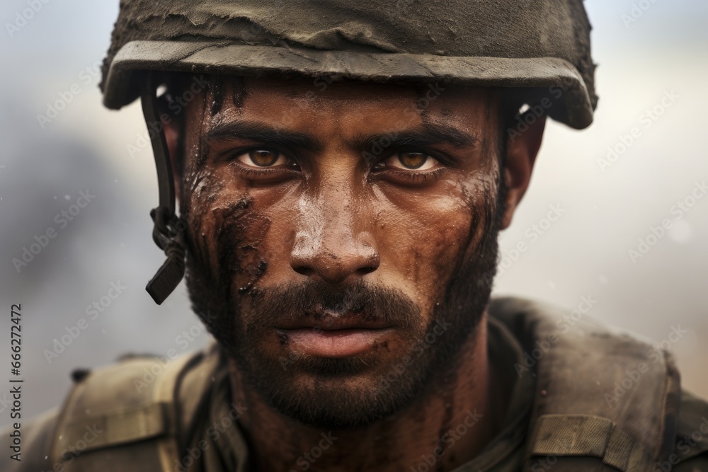 Portrait of a Weary Soldier Covered in Mud, Exhausted from Battle