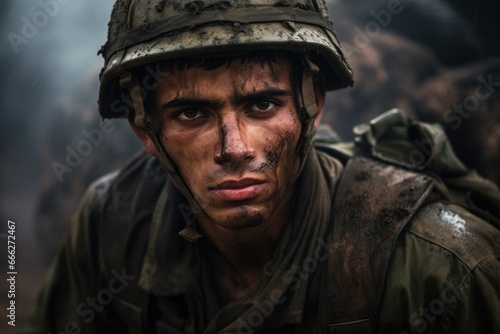 Portrait of a Weary Soldier Covered in Mud, Exhausted from Battle