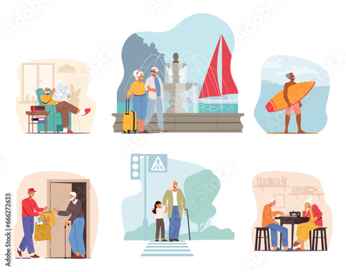 Set Of Senior Characters Life Scenes. Pensioner Reading Newspaper, Old Couple Travel With Luggage, Engage Surfing Sport