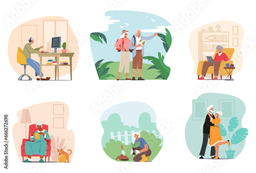 Set Of Elderly Characters Work On Pc, Travel, Use Gadgets, Knit, Dance And Gardening . Senior Men And Women Active Life