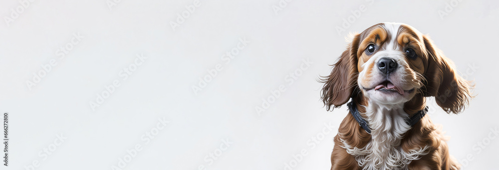 Fototapeta premium Banner of cute happy cocker spaniel puppy on white background. Space for text. Copy Space. Generative Ai.