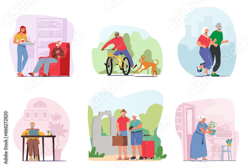 Set Elderly Characters Lifestyle. Old Men and Women Jogging, Riding Bicycle, Use Pc, Travel, Care of Houseplant, Jogging