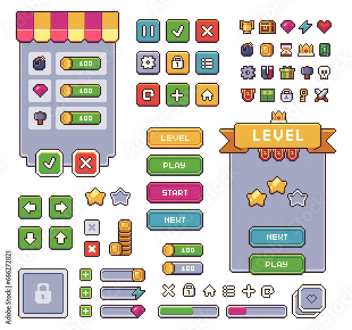 Pixel art game UI buttons. Mobile application interface elements. Progress bar, panel and indicators. Isolated video gaming menu kit. Vector retro style set