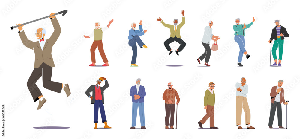 Set Of Diverse Senior Men. Old Male Characters Jumping, Stand With Walking Cane, Exercising, Posing In Fashioned Clothes