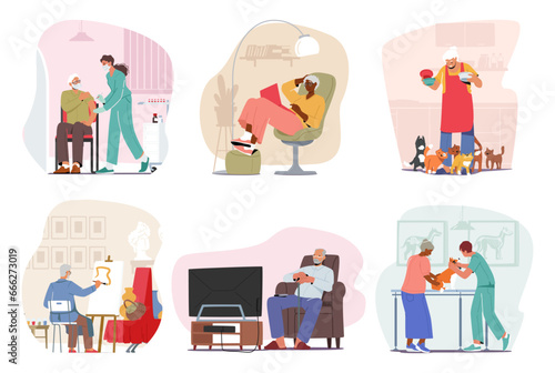 Set of Old Characters Hobbies and Everyday Activities. Old People Apply Vaccination in Hospital, Reading, Painting