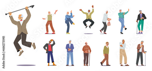 Set Of Diverse Senior Men. Old Male Characters Jumping, Stand With Walking Cane, Exercising, Posing In Fashioned Clothes