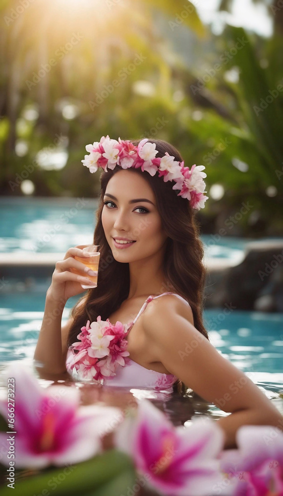 Fototapeta premium Beautiful woman touching happiness in nature, spa style concept.