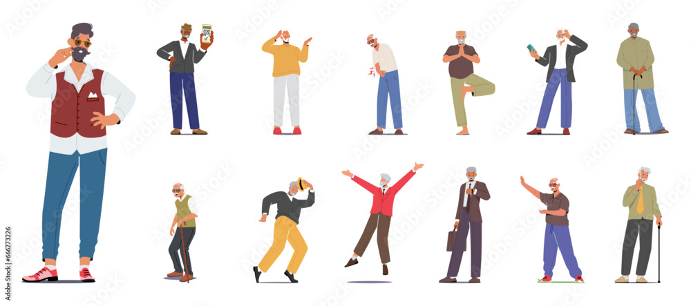 Set Of Elderly Male Characters. Old Men Wear Fashionable Clothes, Doing Yoga, Use Smartphones, Dancing, Jumping