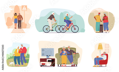 Set Of Senior Characters Crossing The Road By Zebra, Riding Bicycles, Walking With Dog In Park, Watching Movies Together