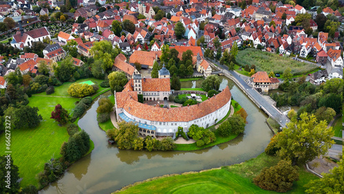 Aerial drone view water castle Wasserschloss Burgsteinfurt Steinfurt, North Rhine-Westphalia, Germany. photo