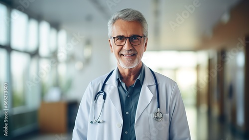 Happy bearded Experienced senior male doctor looking to the camera.Smiling professional older man doctor wears white coat, glasses and stethoscop at the hospital © yana136