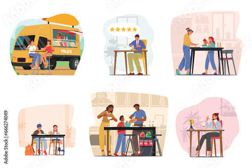Set of Characters Eat and Cook. Couple Dining at Outdoor Cafe, Food Critic in Restaurant, Food Blogger Record Video