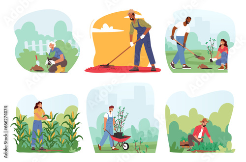 Set of Characters Immersed In Gardening, Hands In Soil, Nurturing and Harvesting Plants, Radiate Joy Amidst Nature
