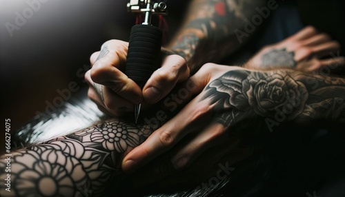 Image of a tattoo artist at work. photo