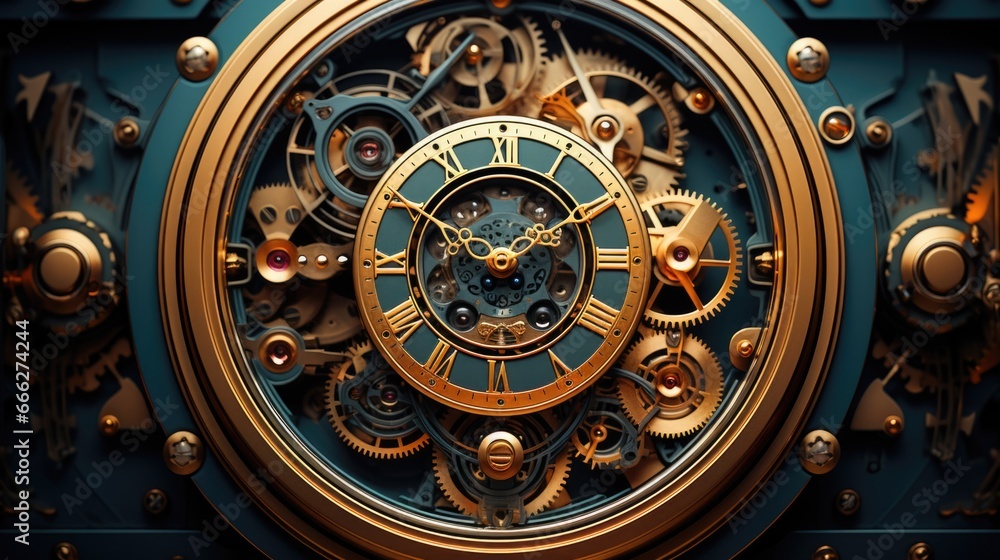 A gold and blue clock with gears on it. AI image.