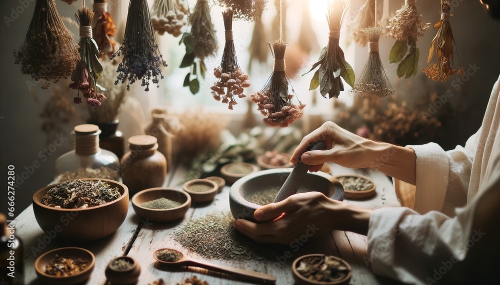 Cropped view of herbalist grinding fresh herbs with dried herbs hanging around. - obrazy, fototapety, plakaty 