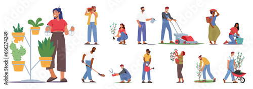 Set of Farmer or Gardener Characters Gardening, Nurturing Plants, , Fostering Blossoms. Men and Women Planting
