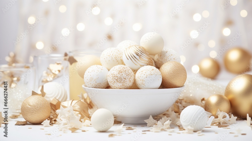 White and gold colored luxury elegantly bonbons at Christmas with cozy blur light background White and gold colored luxury elegantly bonbons at Christmas with cozy blur light background