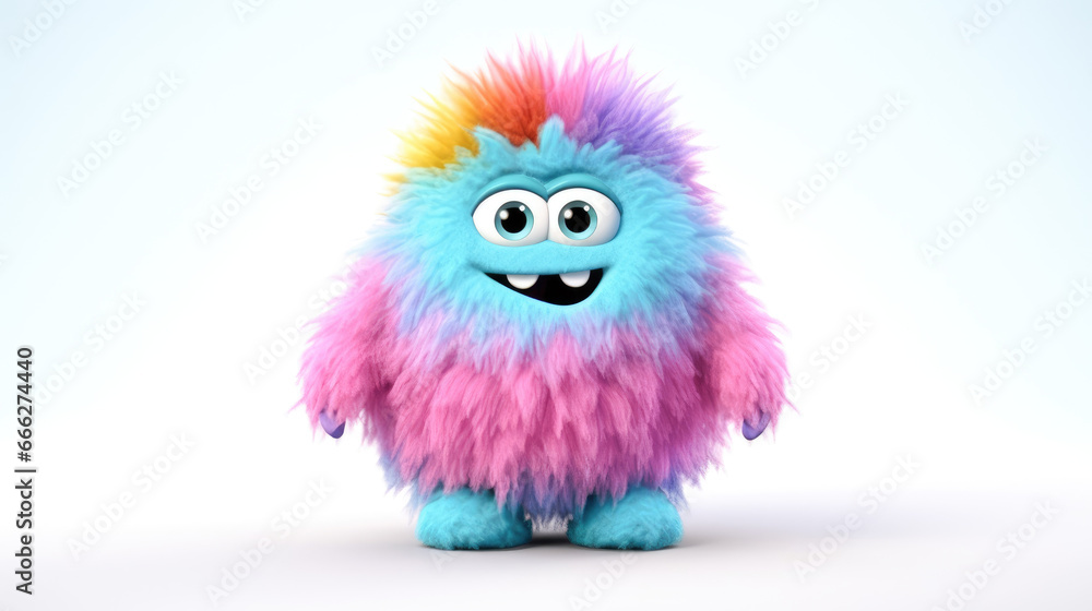 Cute Furry fluffy rainbow Monster, cartoon 3d, alien monster illustration, on white background.