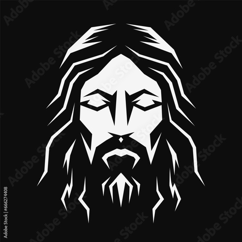 Jesus Christ face logo. Black and white icon. Vector illustration
