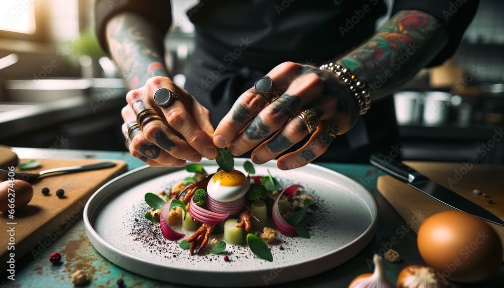 A chef delicately decorates his plate.