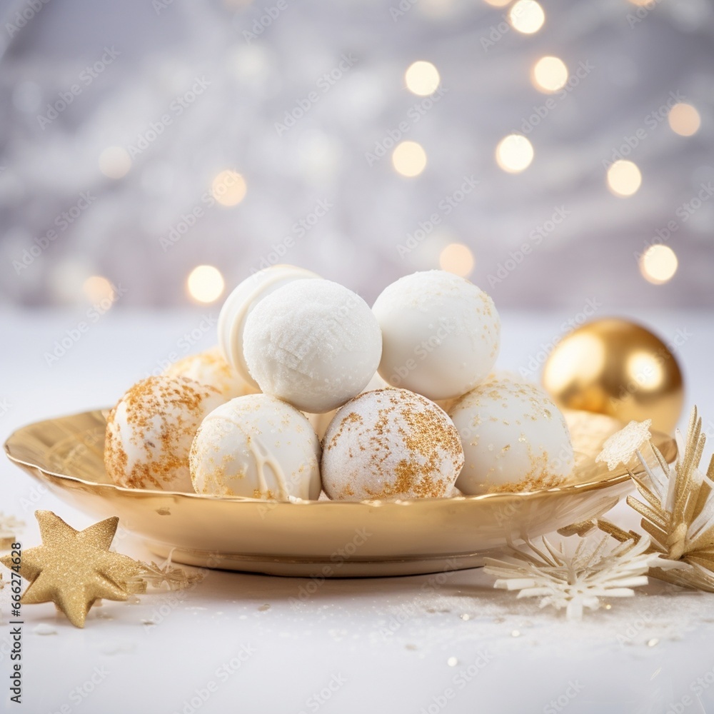 White and gold colored luxury elegantly bonbons at Christmas with cozy blur light background White and gold colored luxury elegantly bonbons at Christmas with cozy blur light background