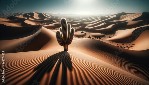 A lonely cactus in the middle of a desert, among the sand dunes.