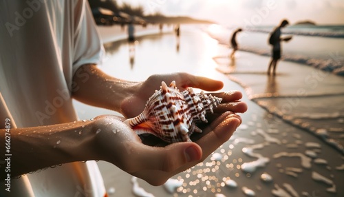 Close-up shot of a beach worker's hands holding a unique seashell.