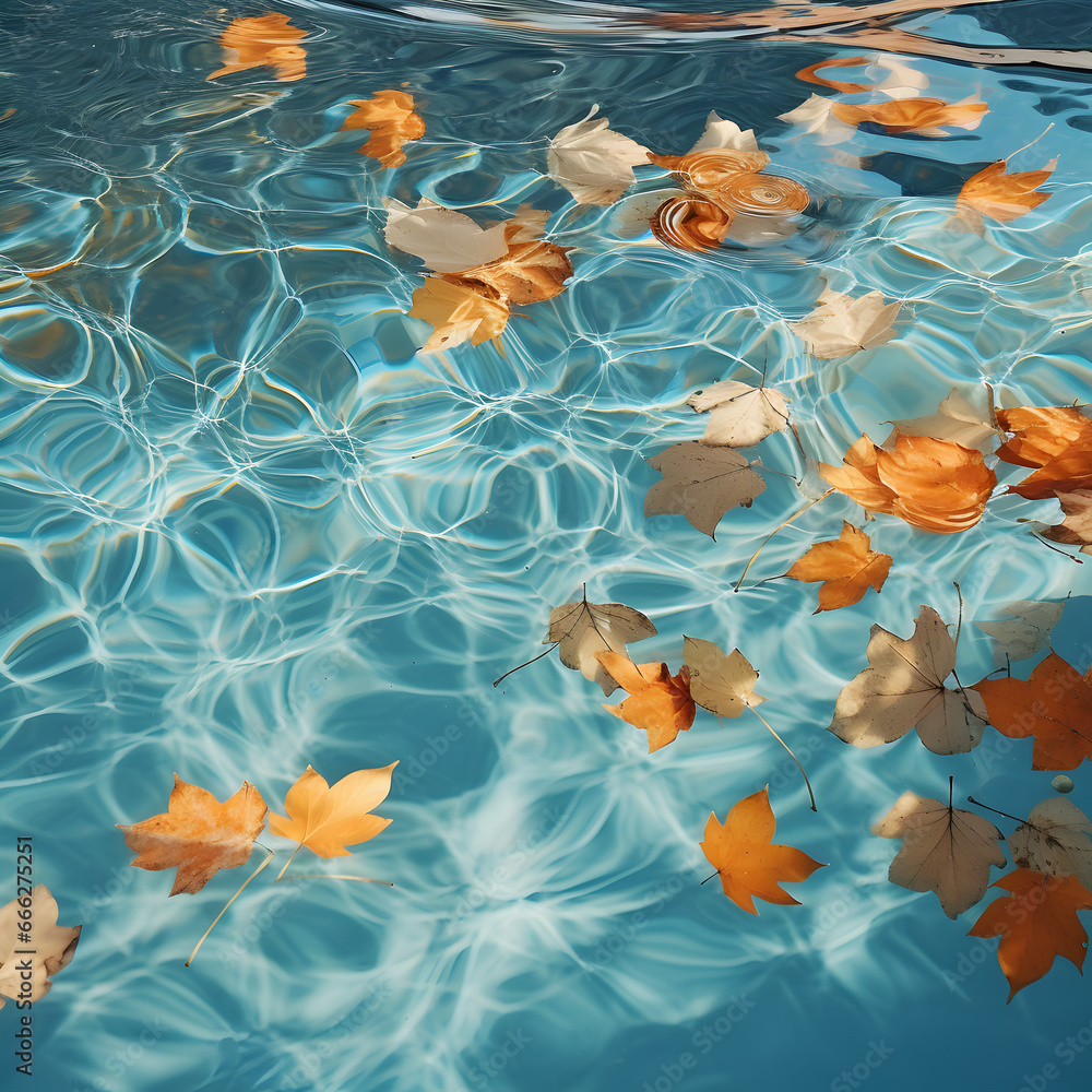Swimming pool with fall colored leaves in it