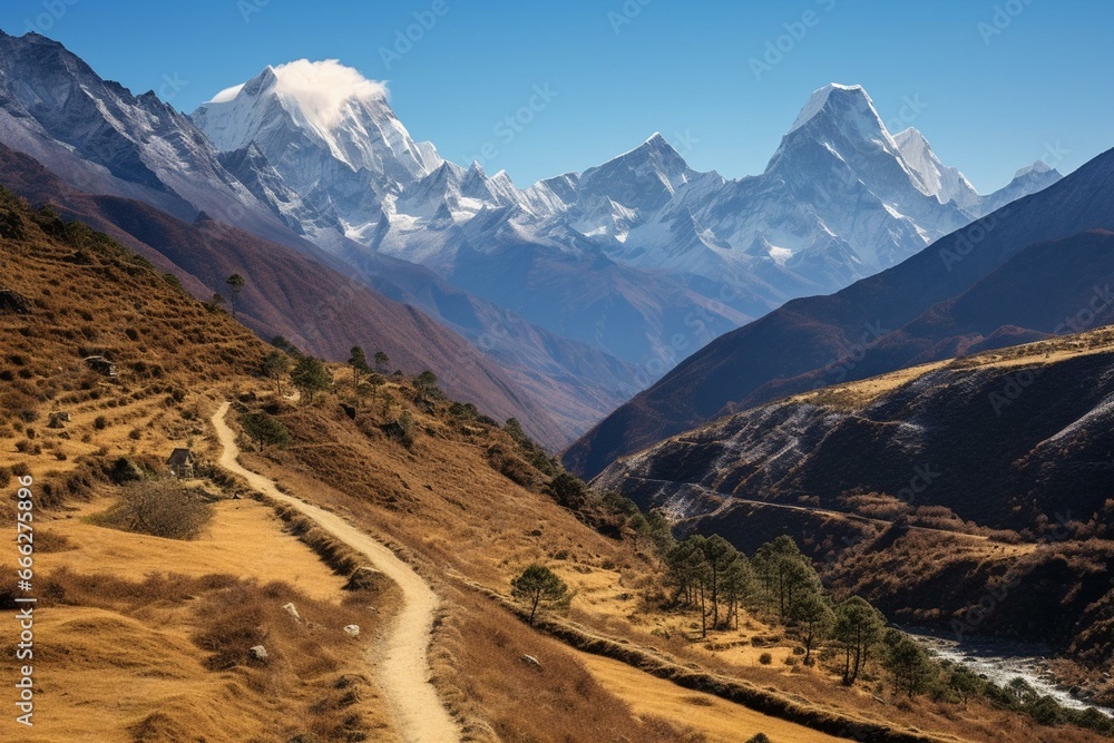 Countryside with Mount Everest. Generative AI