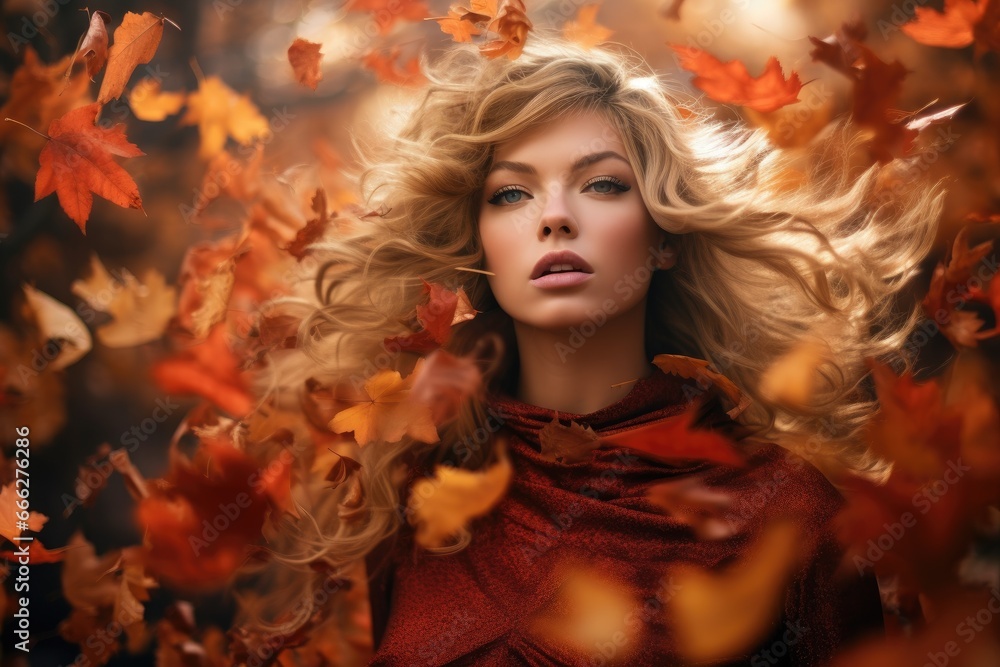 Autumn allure: Blonde model amidst falling leaves Autumn allure: Blonde model amidst falling leaves