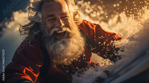 A smiling Santa Claus on a wave on a surfboard in the rays of the setting sun. Generative AI