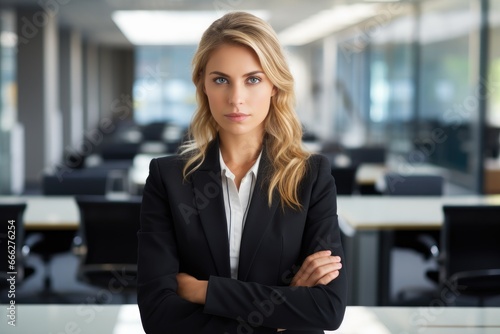 Corporate conqueror: Blonde businesswoman in a sleek office